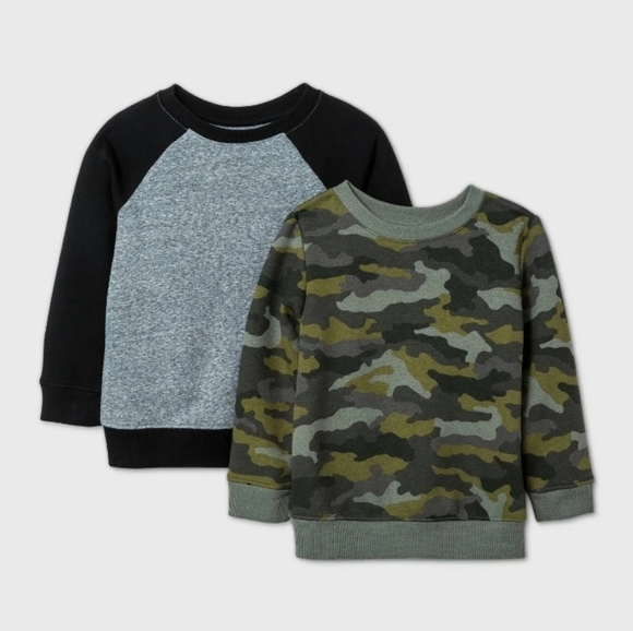 Toddler Boys' 2pk Fleece Crew Neck Sweatshirt - Cat & Jack Black/Green 18M - Picture 1 of 8